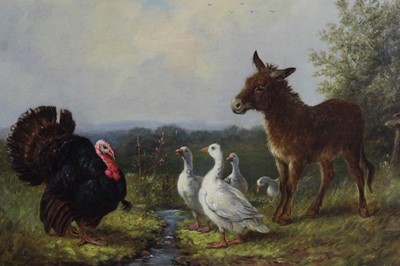 Lot 522 - Attributed to William Weeks (act.1856-1904) oil on canvas - a donkey, geese and turkey in landscape, in gilt frame, 34cm x 49cm  
Provenance: Estate of the Late Jane Sumner