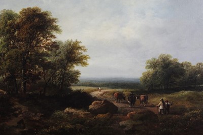 Lot 525 - 19th century, English School, oil on canvas - figures and cattle in an extensive landscape, in gilt frame, 32.5cm x 48.5cm  
Provenance: Estate of the Late Jane Sumner