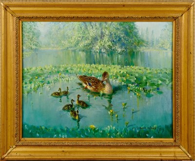 Lot 528 - Vernon de Beauvoir Ward (1905-1985) oil on canvas - a mallard and her ducklings, signed, in gilt frame, 35cm x 45cm  
Provenance: Estate of the Late Jane Sumner