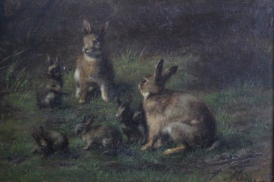 Lot 531 - Jeanne Sarah Nath. Micas (act.1852-1865) oil on panel - A Family of Hares, signed  and dated 1859, inscribed verso, in gilt frame, 15.5cm x 20.5cm 
Provenance: Estate of the Late Jane Sumner