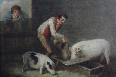 Lot 536 - Circle of George Morland (1762-1804) oil on canvas - Feeding the Pigs, in maple veneered frame, 22cm x 29cm  
Provenance: Estate of the Late Jane Sumner