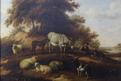 Lot 540 - C. Jackson, mid 19th century, oil on canvas - a figure and his dog with livestock in extensive landscape, signed and dated 1857, in gilt frame, 62cm x 75cm 
Provenance: Estate of the Late Jane Sumn...