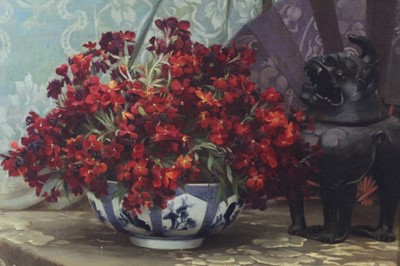 Lot 542 - Richard Willes Maddox, early 20th century, oil on canvas - still life with a bowl of flowers and a Chinese incense burner, initialled, in gilt frame, 54cm x 73cm  
Provenance: Estate of the Late Ja...