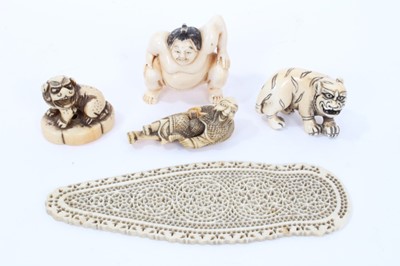Lot 233 - 19th century pieced ivory plaque, and four Japanese carved ivory netsuke