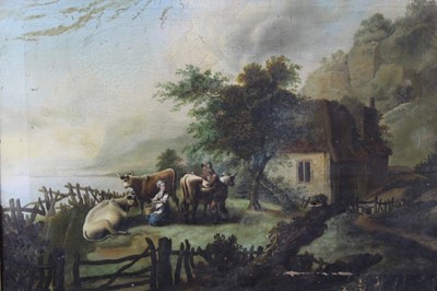 Lot 562 - 19th century, Continental School, oil on canvas - figures and cattle before a cottage, in gilt frame, 40cm x 56cm