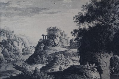 Lot 573 - Rev. A. Brand, late 18th/early 19th century pen and ink drawing - extensive Classical landscape with ruins, titled, framed, 39cm x 50cm