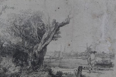 Lot 192 - After Jonas Umbach (1624-1693) black and white etching, street figures, in glazed frame, 15.5cm x 10cm, together with two other 19th century etchings after Rembrandt, a windmill and river landscape...