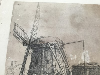 Lot 63 - After Jonas Umbach (1624-1693) black and white etching, street figures, in glazed frame, 15.5cm x 10cm, together with two other 19th century etchings after Rembrandt, a windmill and river landscape...