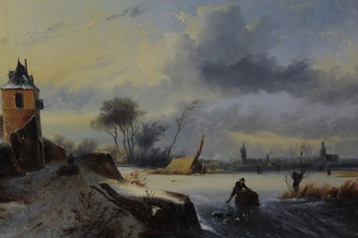 Lot 578 - A. Wauters, 19th century, oil on canvas - a snow covered lake, signed, in veneered frame, 41cm x 53cm