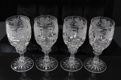 Lot 123 - Good quality set of four antique cut and glass goblets, probably Edwardian, the bowl engraved with grapevines, 19.5cm height