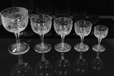 Lot 124 - Good set of 20th century cut glass drinking glasses, including six liqueur, six port, six white wine, six claret and eight burgundy, bowl diameters between 4.5cm and 8cm (32 pieces)