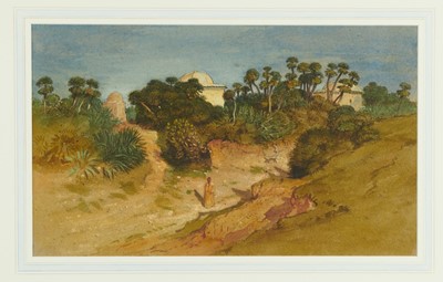 Lot 1324 - Samuel Colman (American, 1832-1920) pencil, watercolour and bodycolour - A Moroccan landscape with mosques, apparently unsigned, in glazed gilt frame, 25cm x 43cm