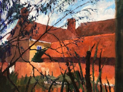 Lot 151 - David Britton, contemporary, oil on board - Hall, Moat and Mace Reeds, Tolleshunt D'Arcy, signed, framed, 50cm x 60cm