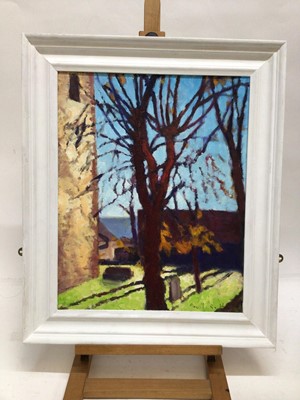 Lot 67 - David Britton, contemporary, oil on board - West Mersea Church Tower, signed, framed, 50cm x 40cm