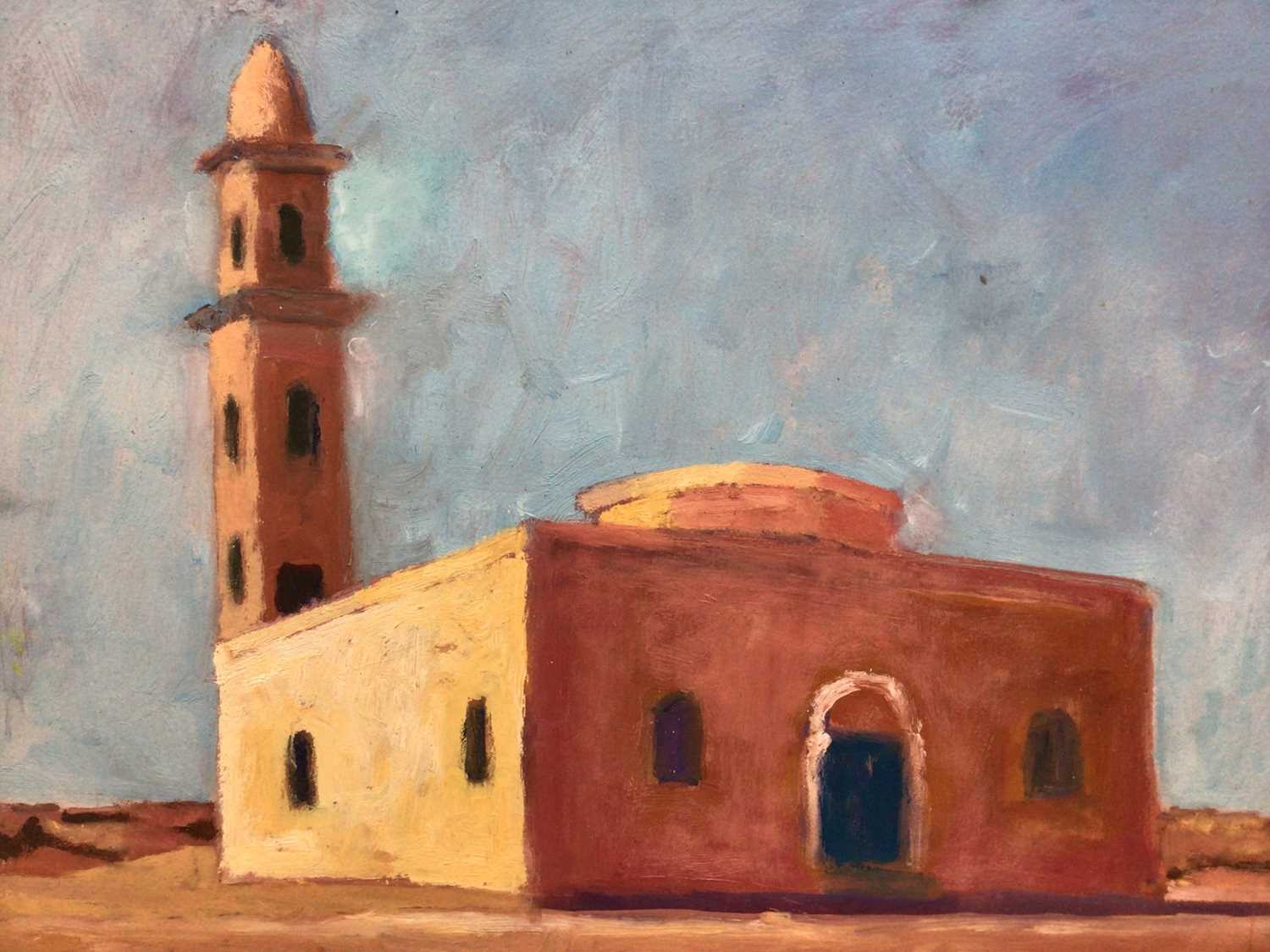 Lot 69 - David Britton, contemporary, oil on board - Mosque with Minaret, signed, framed, 44cm x 59cm