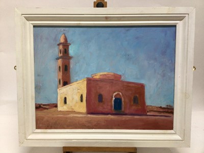Lot 69 - David Britton, contemporary, oil on board - Mosque with Minaret, signed, framed, 44cm x 59cm