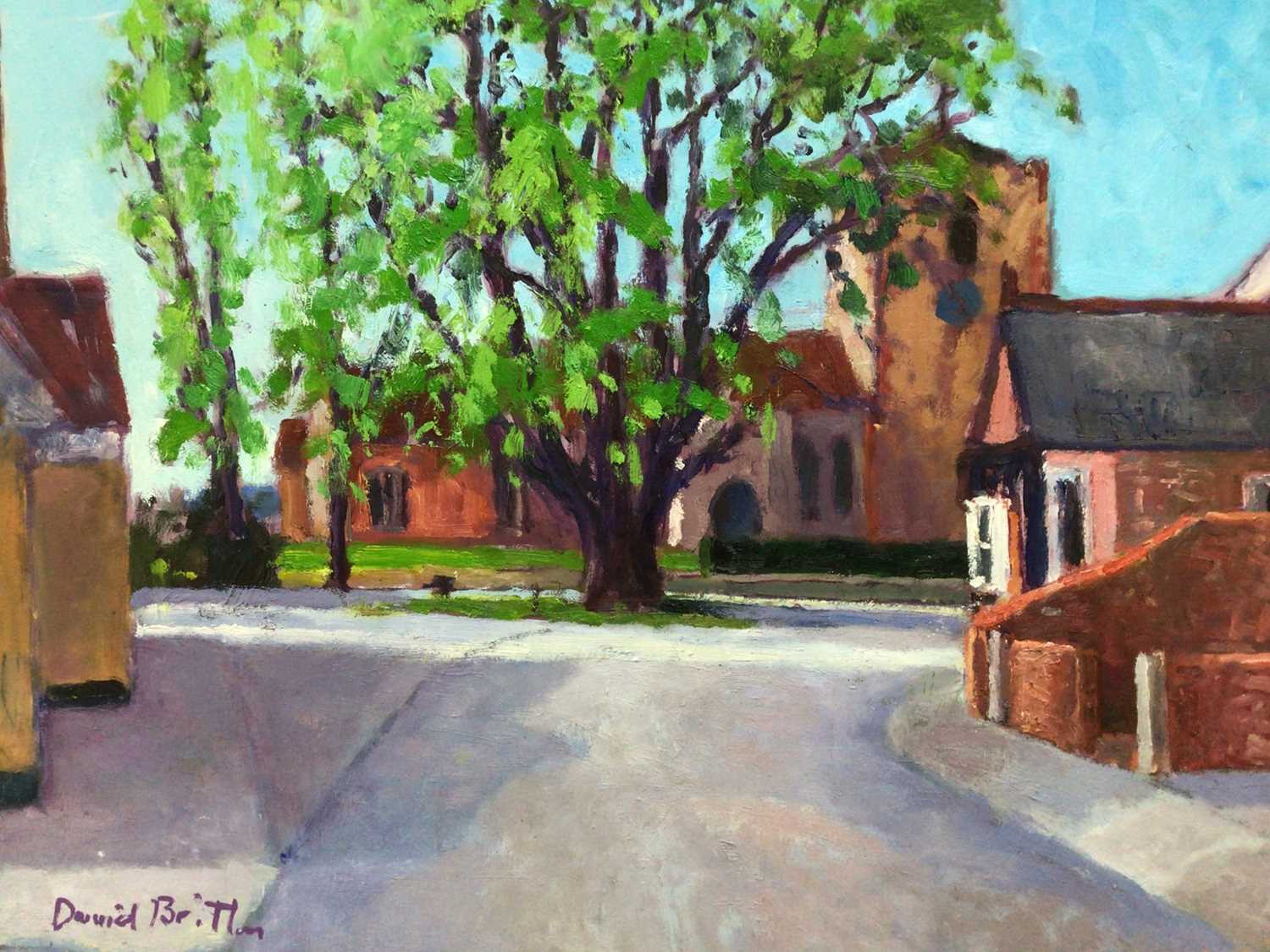Lot 71 - David Britton, contemporary, oil on board - West Mersea Church and Lime Tree, signed, framed, 51cm x 62cm
