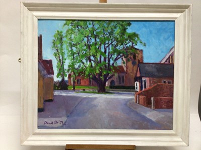 Lot 71 - David Britton, contemporary, oil on board - West Mersea Church and Lime Tree, signed, framed, 51cm x 62cm