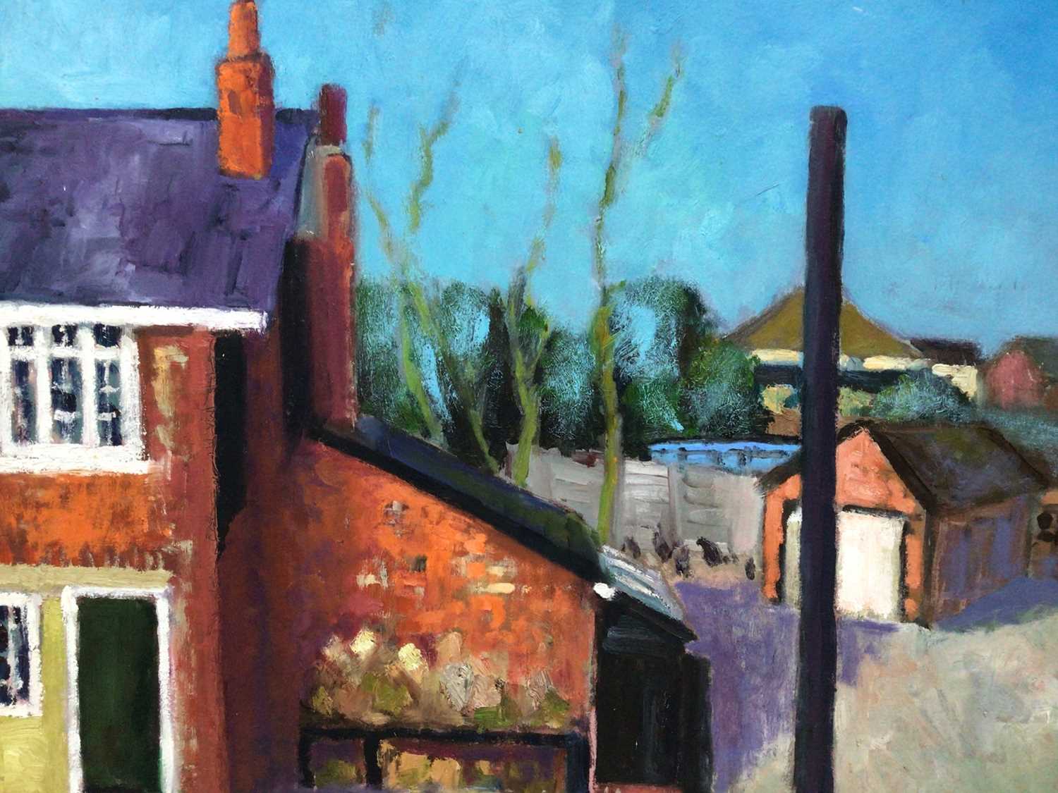 Lot 74 - David Britton, contemporary, oil on board - Red Brick House, signed, framed, 50cm x 61cm