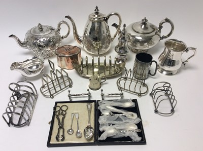 Lot 164 - Good quality Victorian silver plated teapot of bullet form by Martin Hall & Co, together with another silver plated teapot and group of other silver plated items including toast racks (qty)