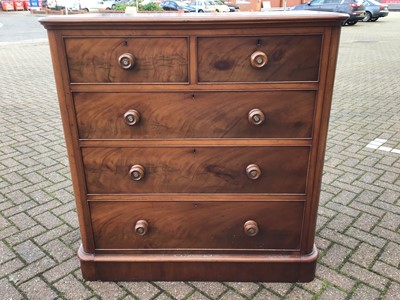 Lot 72 - Victorian mahogany chest of two short and three long drawers with turned handles on plinth base
