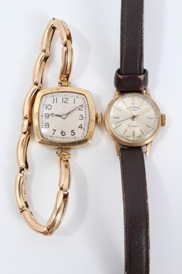 Lot 363 - Lady's 18ct gold wristwatch on later expandable yellow metal bracelet together with a lady's Rotary 9ct gold wristwatch on leather strap