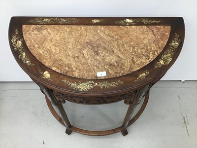 Lot 9 - Chinese carved rosewood Demi-lune hall table with marble inlaid top and mother of pearl inlaid decoration