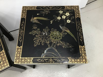 Lot 5 - Chinese black lacquered and chinoiserie decorated coffee table together with a pair of matching lamp tables