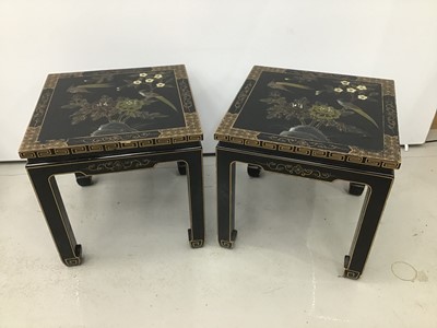 Lot 5 - Chinese black lacquered and chinoiserie decorated coffee table together with a pair of matching lamp tables