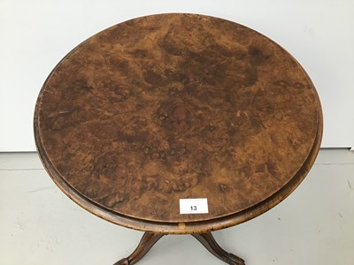 Lot 13 - Victorian figured walnut occasional table, circular top on vase shaped column and tripod base, 51cm diameter, 73cm high