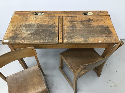 Lot 48 - Antique school desk and pair of child's desk chairs