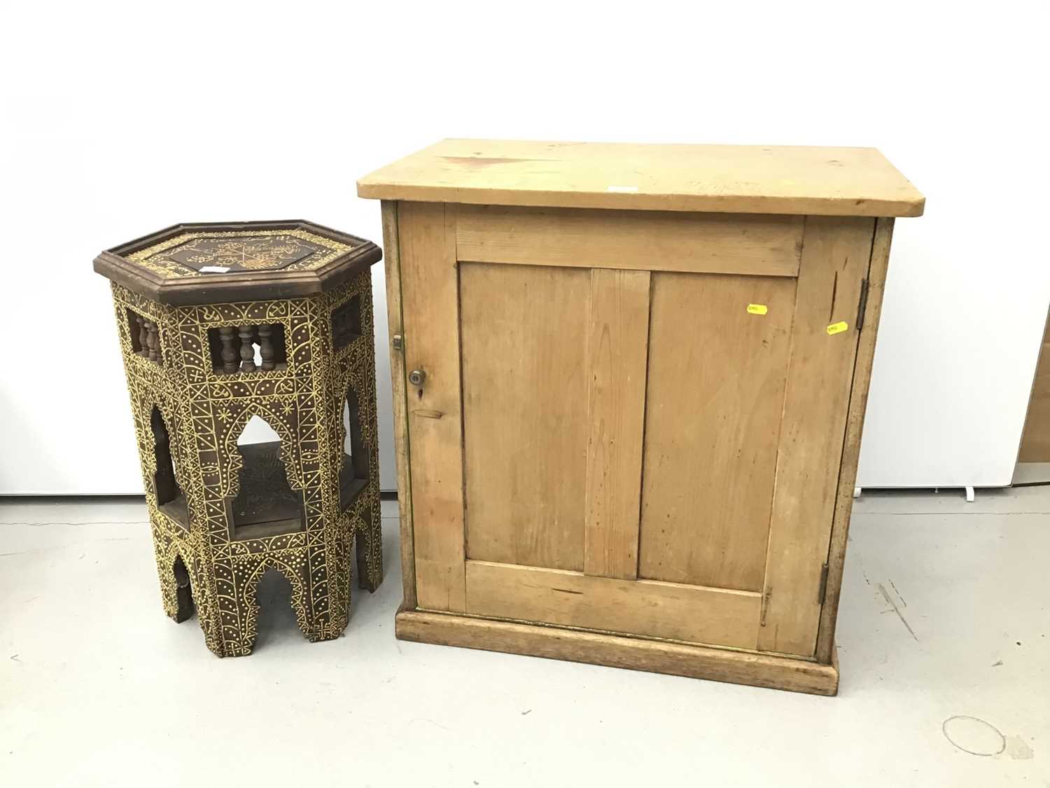Lot 70 - Pine enclosed cupboard together with Islamic style side table and set of four chairs with caned seat
