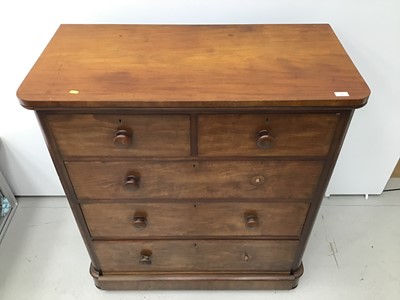 Lot 65 - Victorian mahogany chest of two short and three long graduated drawers with turned bun handles, on bun feet. 107cm wide x  119cm high x 53cm deep