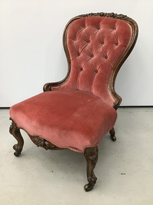 Lot 79 - Victorian walnut framed spoon back chair, with red button upholstered back and seat, showwood frame with carved cresting on carved cabriole legs