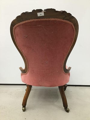 Lot 79 - Victorian walnut framed spoon back chair, with red button upholstered back and seat, showwood frame with carved cresting on carved cabriole legs