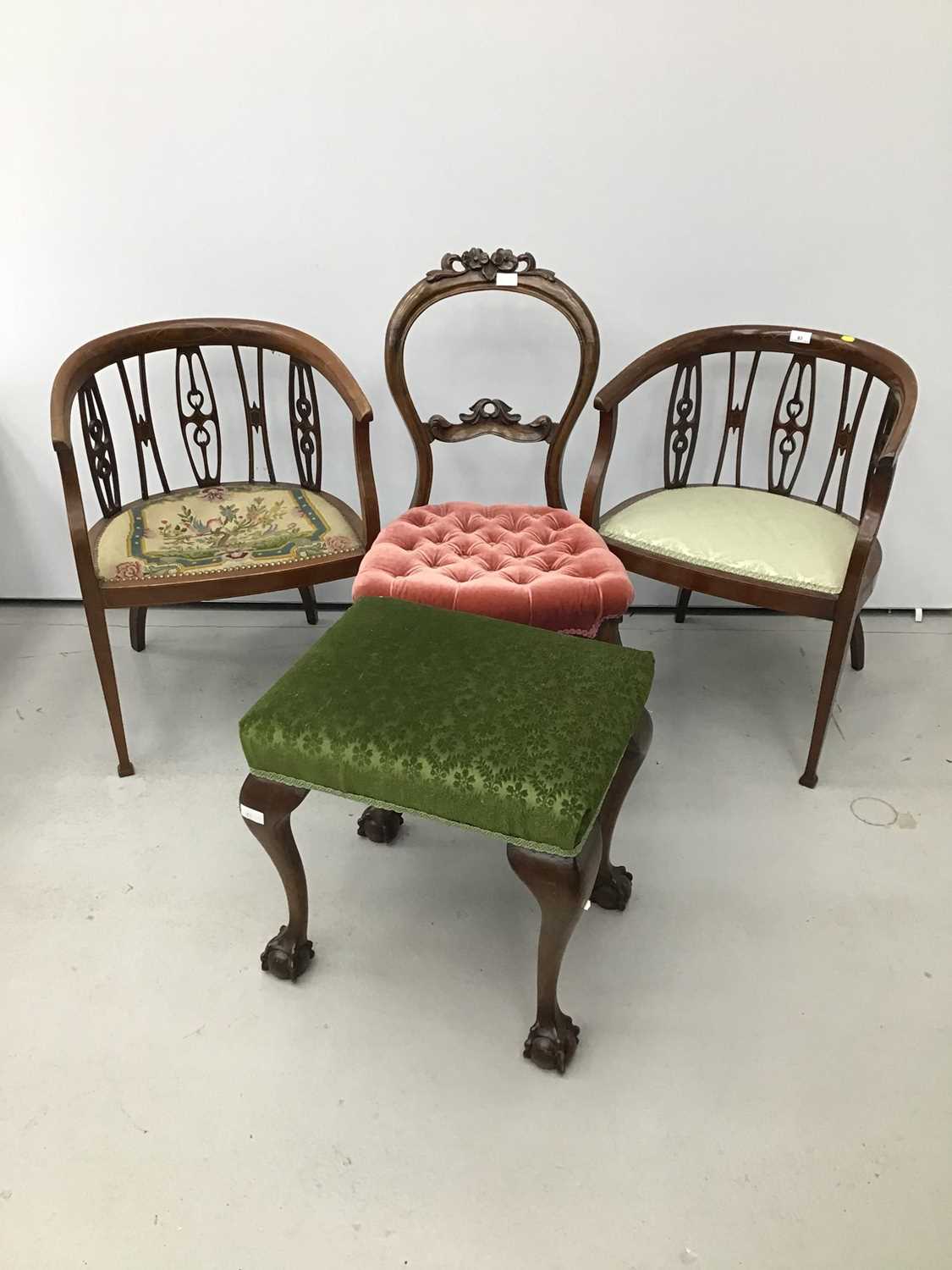 Lot 83 - A pair of Edwardian mahogany tub chairs, together with a Victorian prie-dieu chair, a Victorian dining chair and Georgian style stool