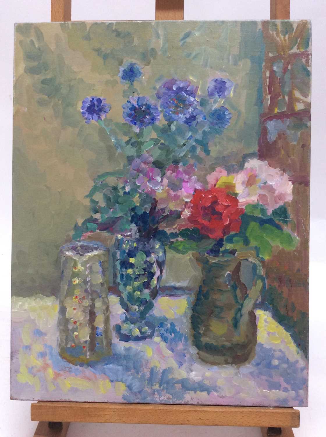 Lot 1 - Annelise Firth (b.1961) oil on canvas - Still life of flowers in vase and jugs, signed and dated verso, 46cm x 36cm