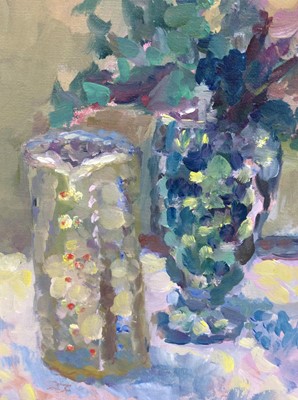 Lot 1 - Annelise Firth (b.1961) oil on canvas - Still life of flowers in vase and jugs, signed and dated verso, 46cm x 36cm