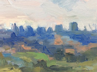 Lot 9 - Annelise Firth (b.1961) oil on canvas - Landscape with city horizon, signed and dated verso, 40.5cm x 50cm