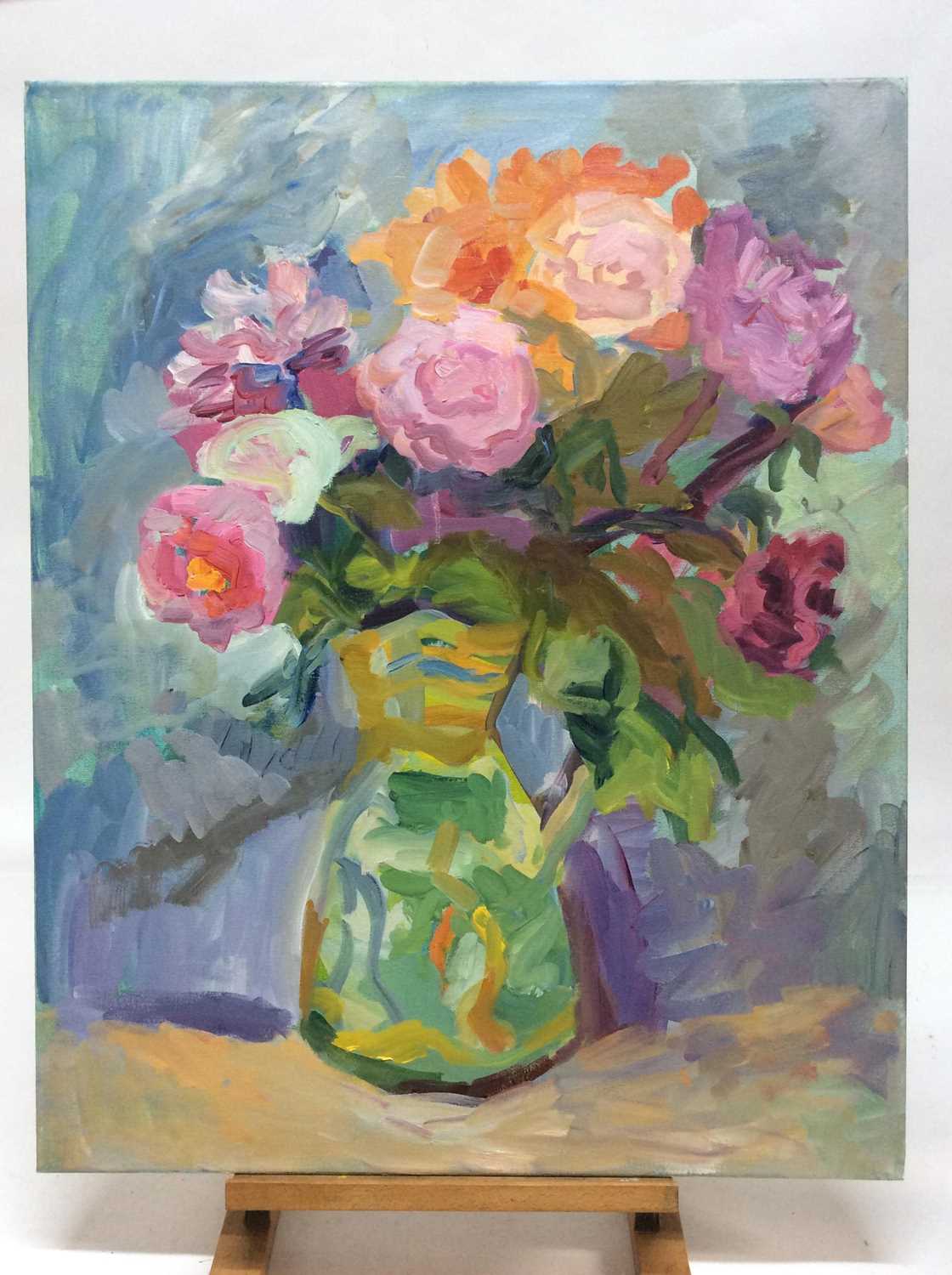 Lot 10 - Annelise Firth (b.1961) oil on canvas - Jug of Roses and Peonies, signed and dated verso, 76cm x 61cm