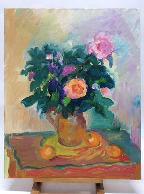 Lot 13 - Annelise Firth (b.1961) oil on canvas - Still life of roses in a jug with oranges on table, signed and dated verso, 76cm x 61cm