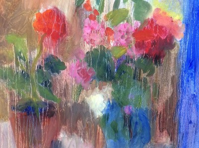 Lot 16 - Annelise Firth (b.1961) oil on canvas - Chilli Plant Red Geranium, signed and dated verso, 92cm x 71cm