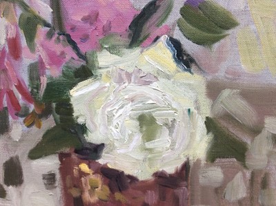 Lot 19 - Annelise Firth (b.1961) oil on board - White Rose, signed and dated verso, framed, 30cm x 30cm, overall framed size 35cm x 35cm