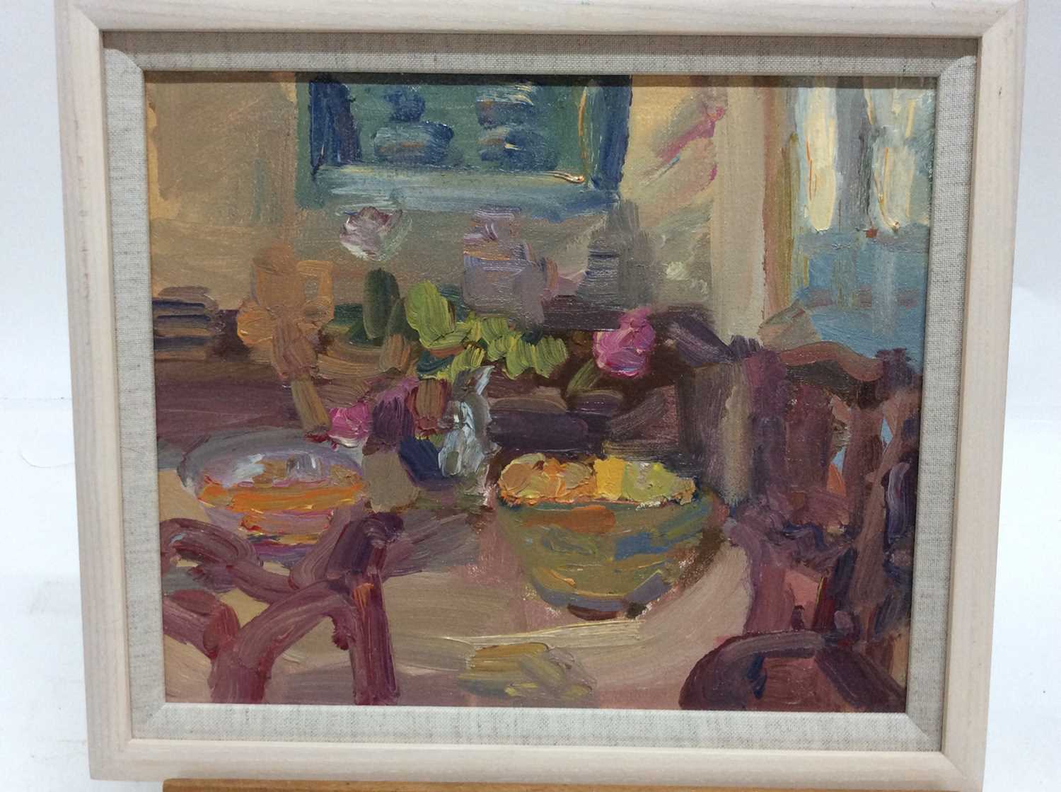Lot 20 - Annelise Firth (b.1961) oil on board - Interior scene, signed and dated verso, framed, 24.5cm x 29.5cm, overall framed size 30.5cm x 35.5cm