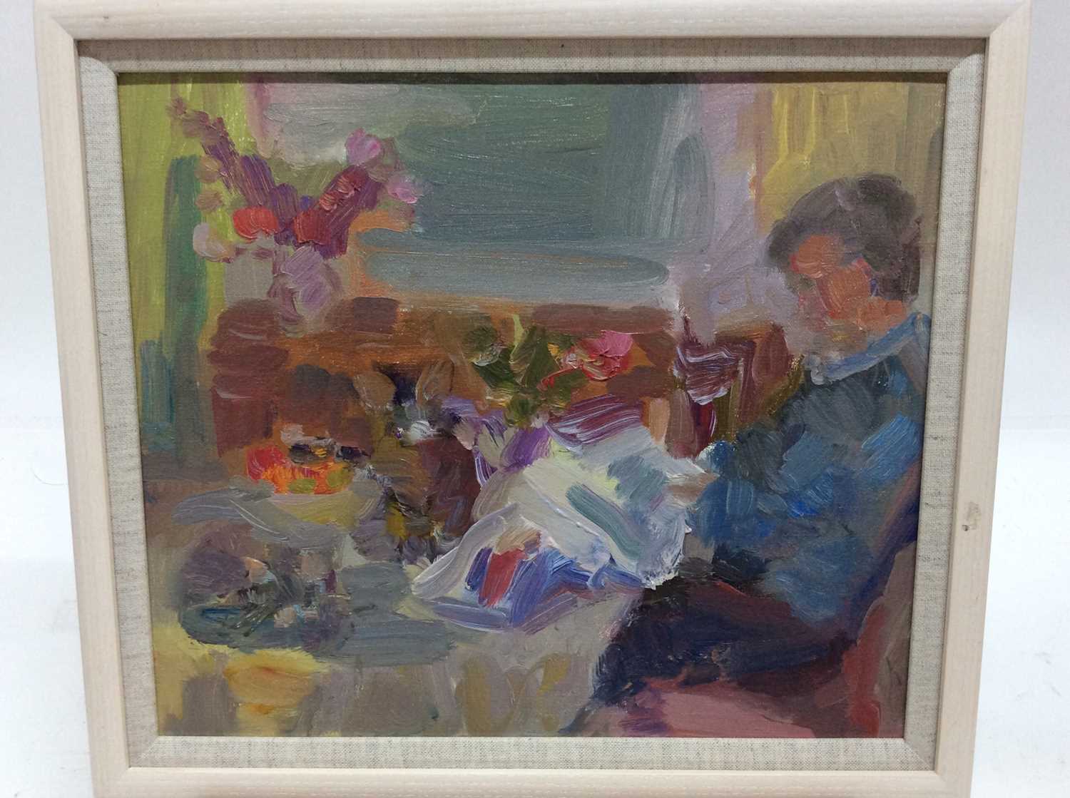 Lot 21 - Annelise Firth (b.1961) oil on board - Man reading newspaper at table, signed and dated verso, framed, 29.5cm x 34.5cm, overall framed size 35.5cm x 40.5cm