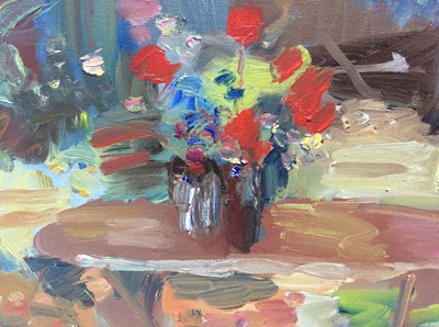 Lot 23 - Annelise Firth (b.1961) oil on canvas - Garden table with vase of flowers , signed and dated verso, framed, 41cm x 51cm, overall framed size 43.5cm x 53.5cm