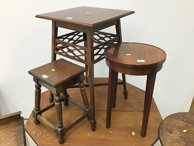 Lot 122 - Group of furniture to include a Georgian mahogany country tripod table, Edwardian walnut octagonal centre table, Edwardian inlaid mahogany occasional table, plant stand, oak tool and a 1930s oak co...