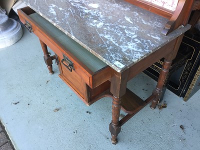 Lot 127 - Edwardian walnut washstand with with tiled back, marble top, drawer and cupboard below 88cm wide x 127cm high x 49cm deep