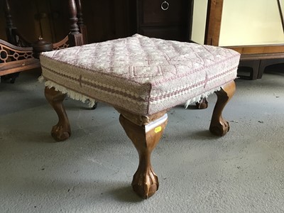 Lot 139 - 1930s oak needlework box on barley twist legs together with a footstool on cabriole legs with ball and claw feet