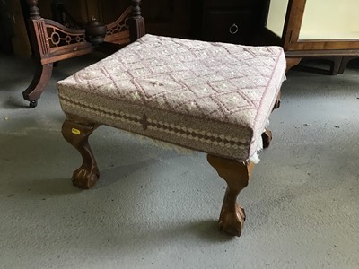 Lot 139 - 1930s oak needlework box on barley twist legs together with a footstool on cabriole legs with ball and claw feet